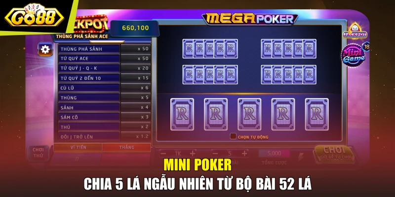 Mini poker chia 5 lá ngẫu nhiên từ bộ bài 52 lá